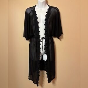 Black floral Lace-Edged Women's see through Robe paperoc